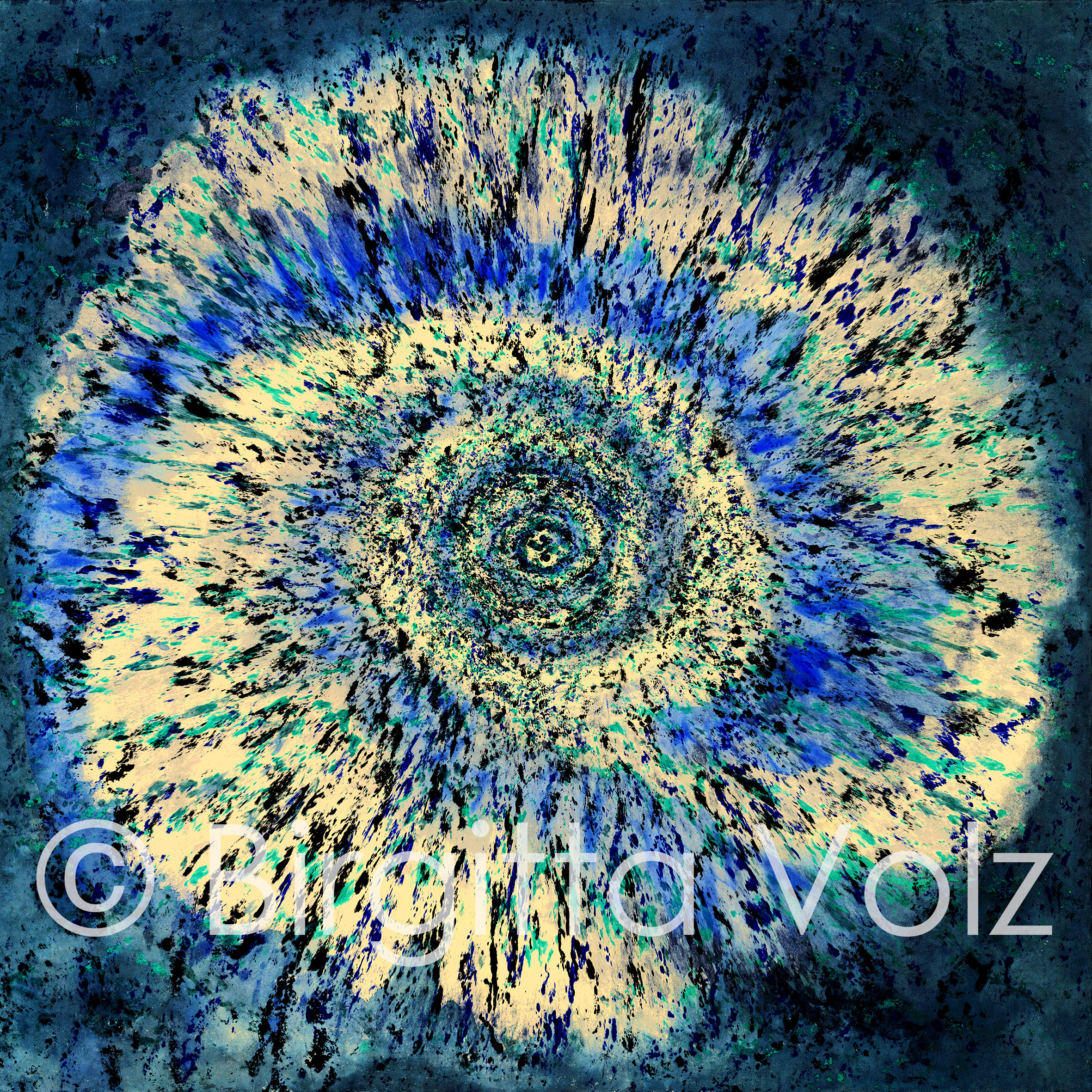 Bright Blue Galaxy, 2022, 90 x 90 cm, bark print on rice paper, digitally modified