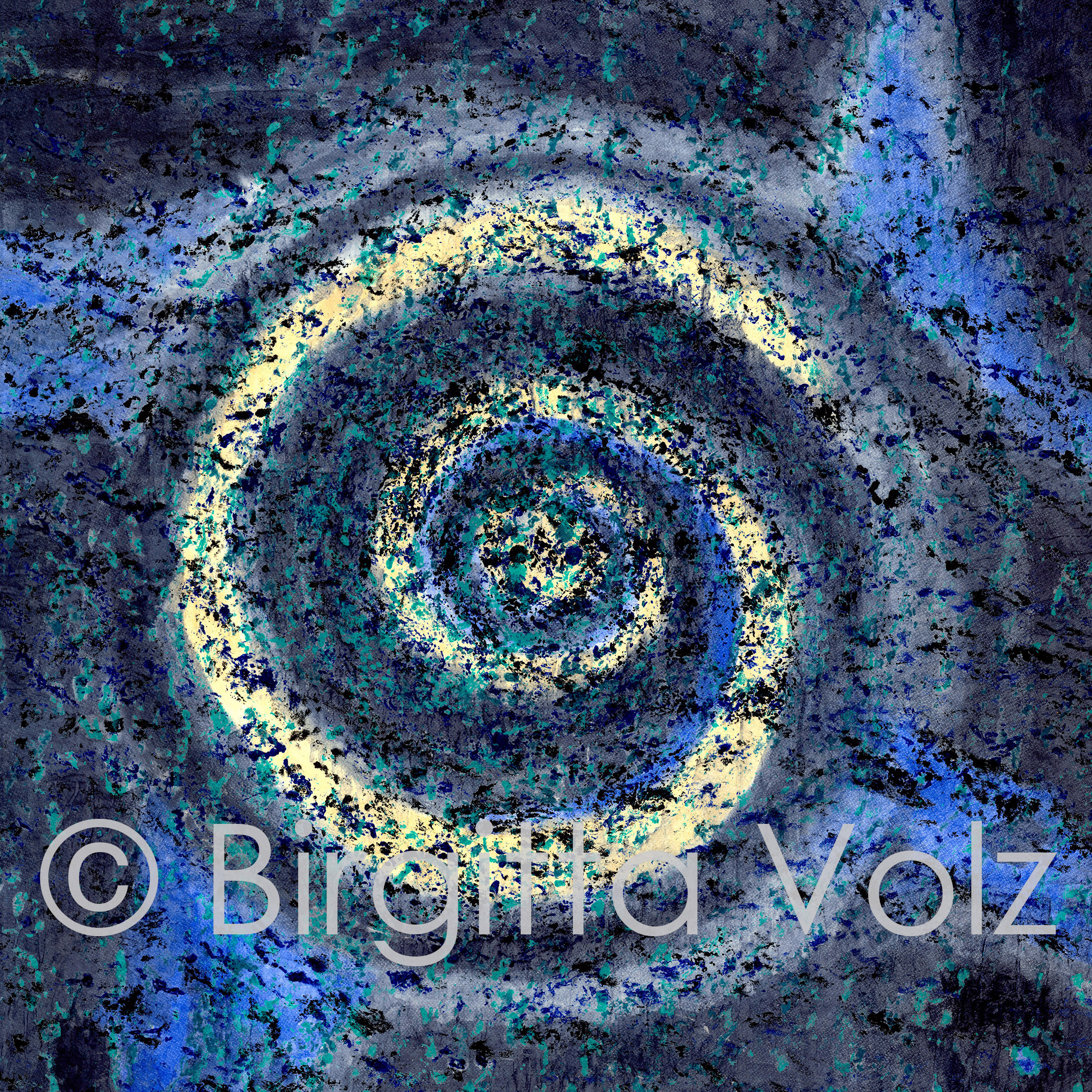 Blue Galaxy, 2022, 97 x 97 cm, bark print in 4 colours on rice paper, then painted from the back